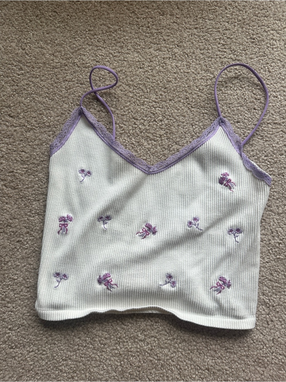 Urban Outfitters White Ribbed Cami with Lavender Floral Embroidery